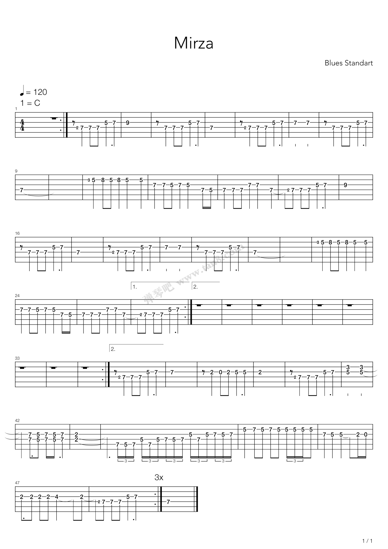 《布鲁斯练习 - Mirza - Blues Standart》吉他谱-C大调音乐网