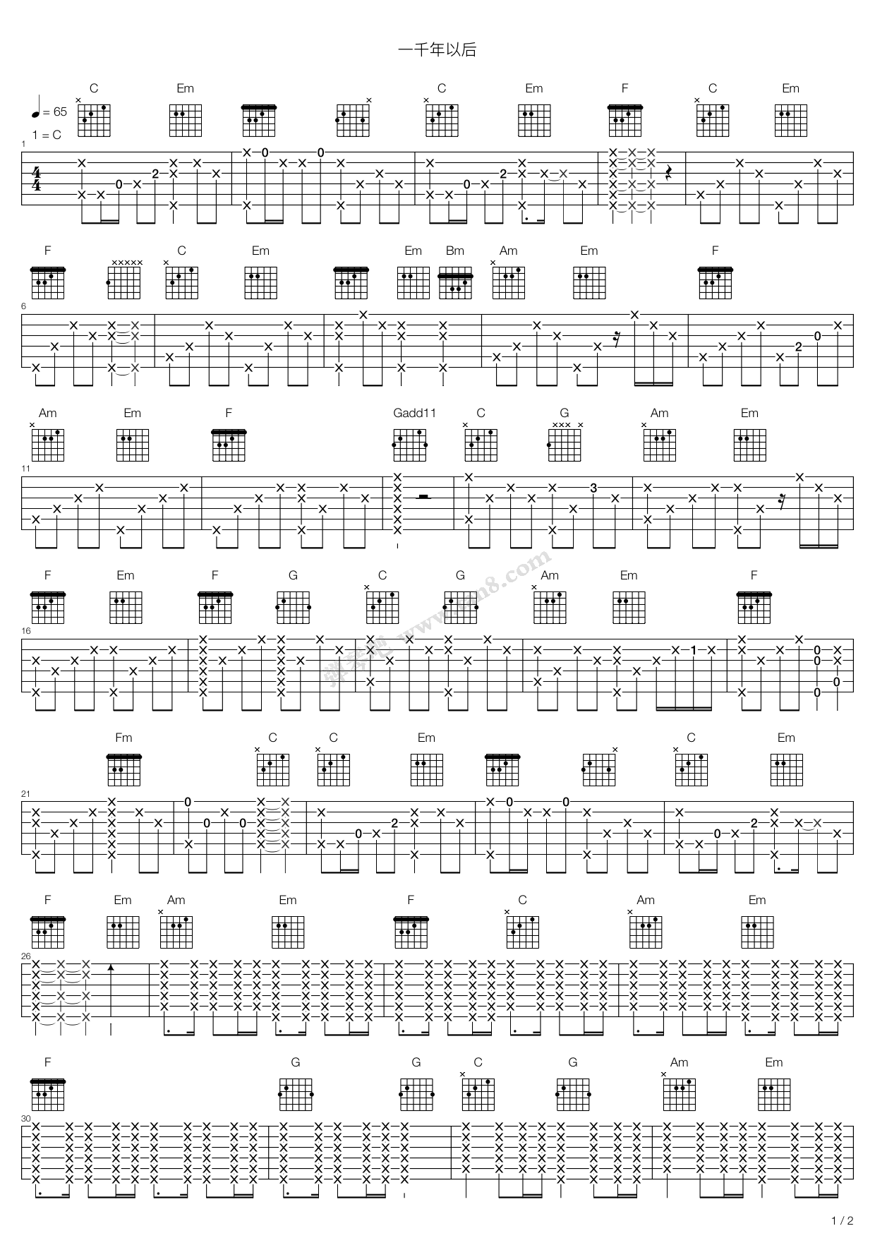 《一千年以后》吉他谱-C大调音乐网
