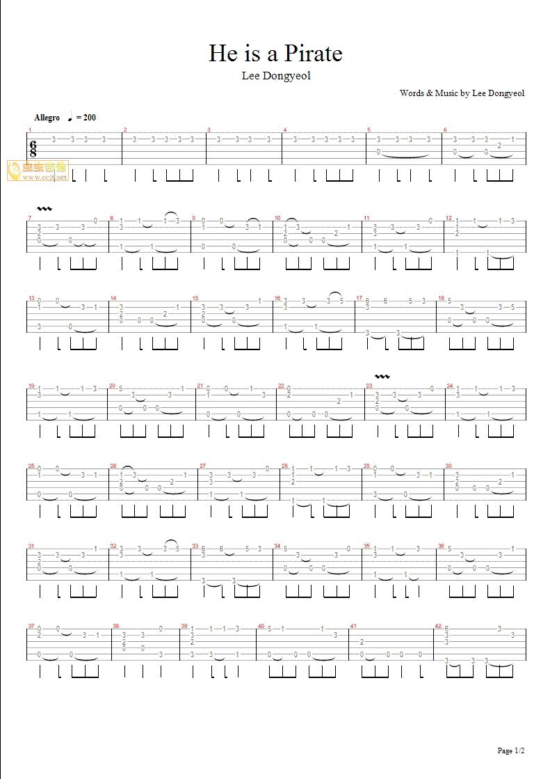 《加勒比海盗-he‘s a pirate》吉他谱-C大调音乐网