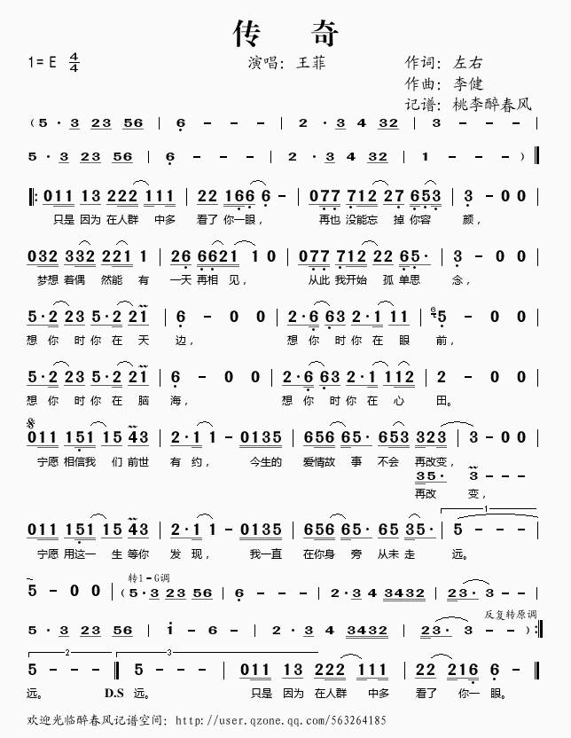 《传奇（2010春晚歌曲）——王菲（简谱）》吉他谱-C大调音乐网