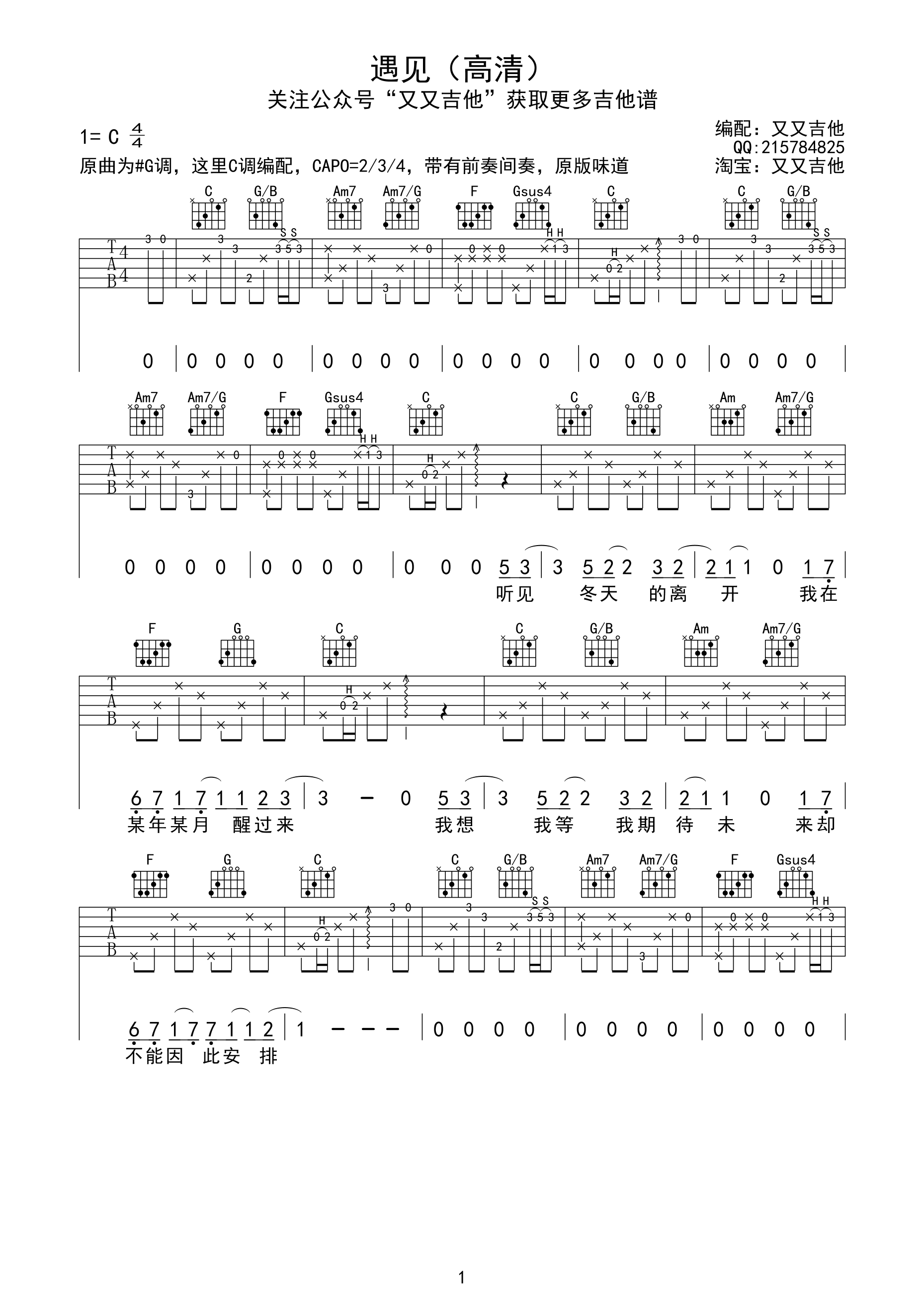 《遇见》吉他谱-C大调音乐网