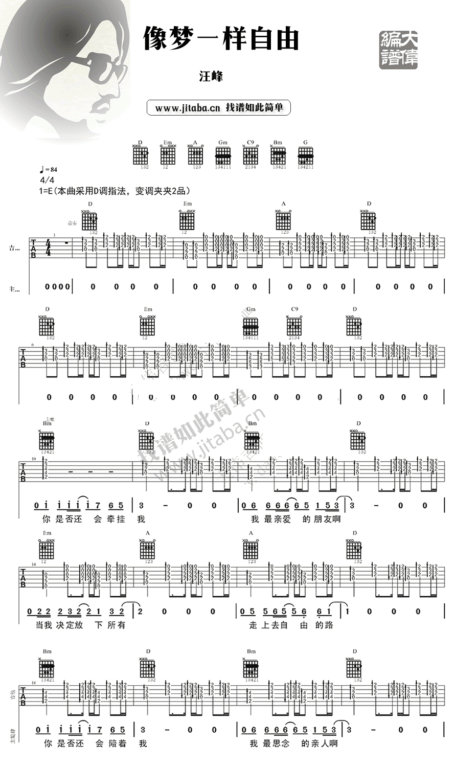 《像梦一样自由吉他谱_汪峰_高清完美版弹唱谱》吉他谱-C大调音乐网