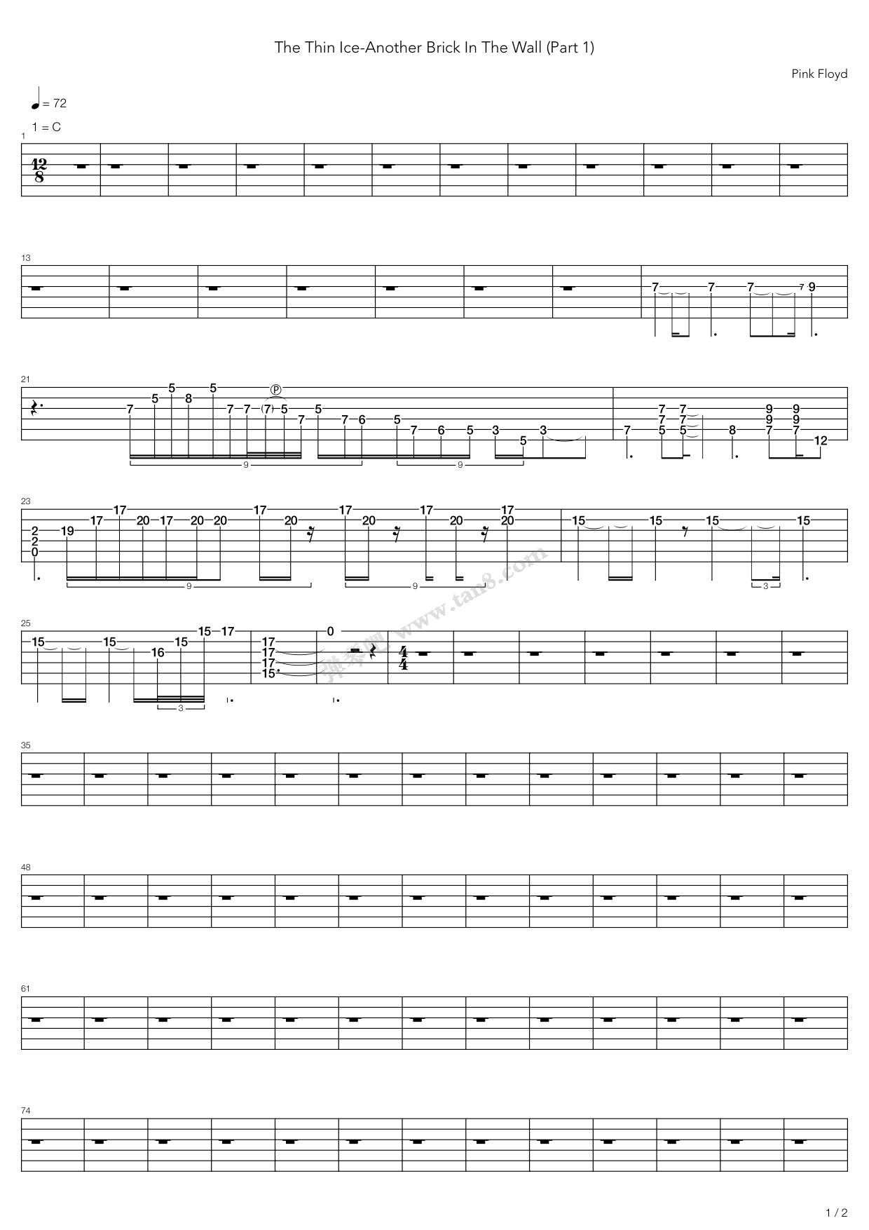 《Thin Ice-brick In The Wall》吉他谱-C大调音乐网