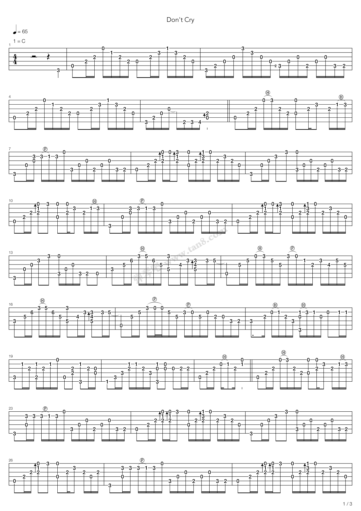 《枪花 Don-T Cry指弹完全版》吉他谱-C大调音乐网