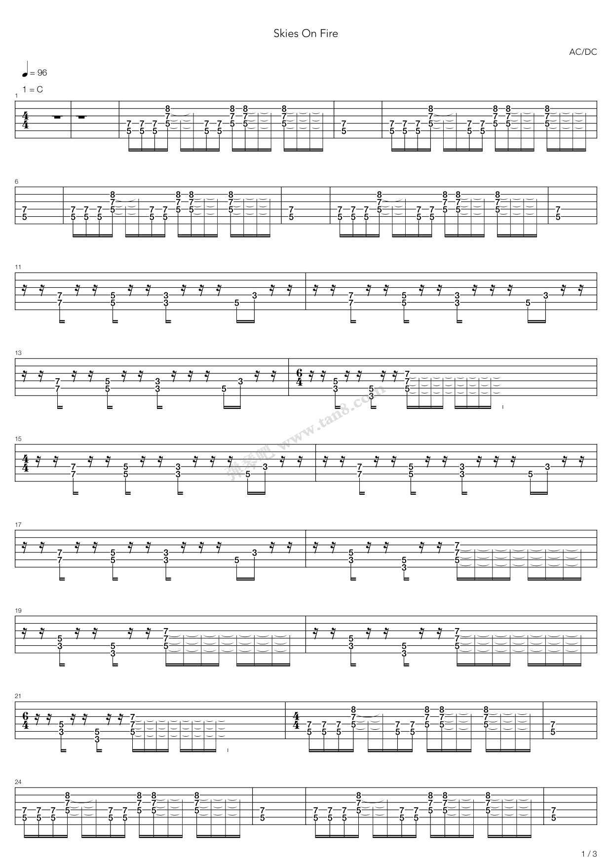 《Skies On Fire》吉他谱-C大调音乐网