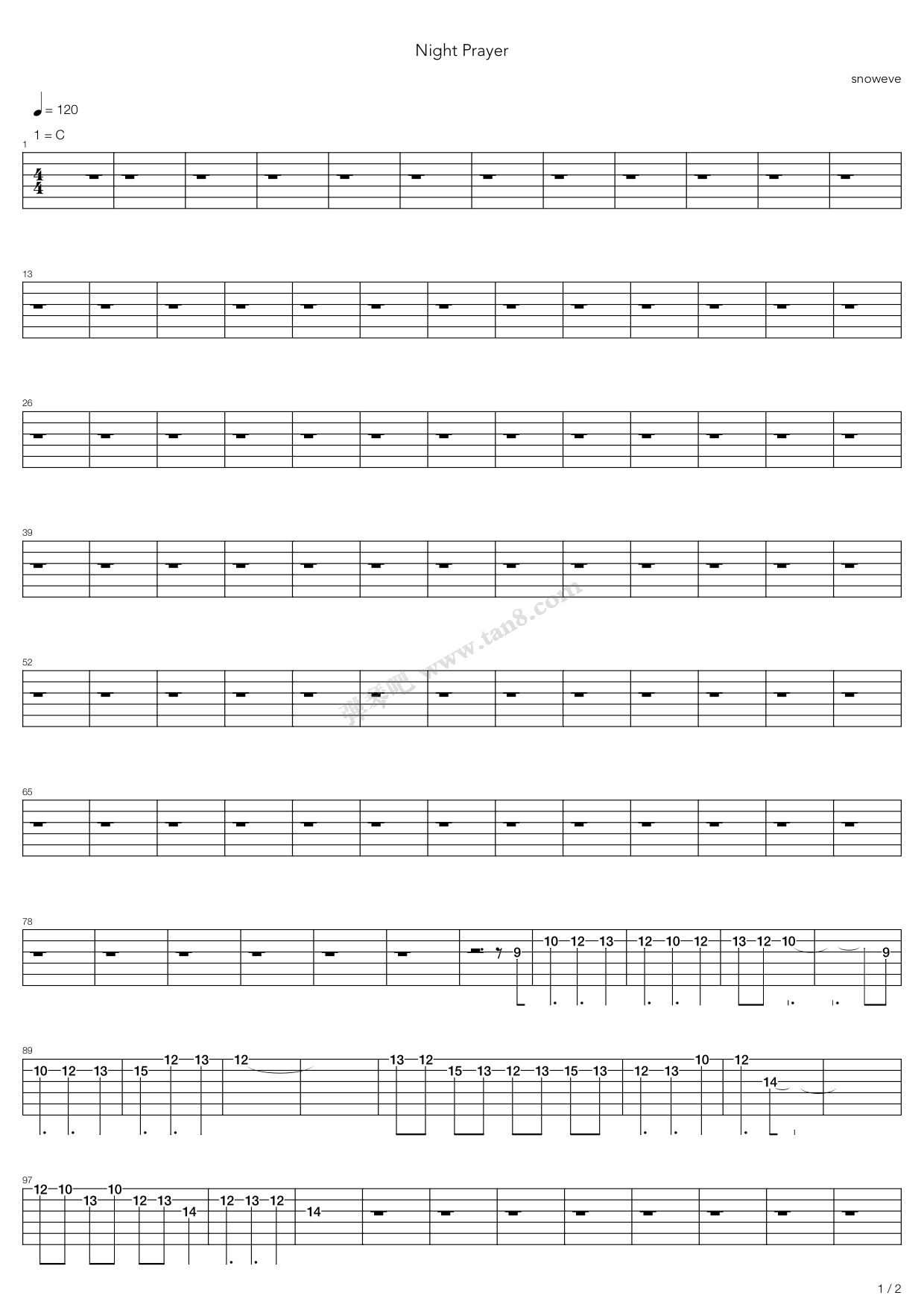 《Night Prayer（主唱+吉他伴奏+吉他主音）》吉他谱-C大调音乐网