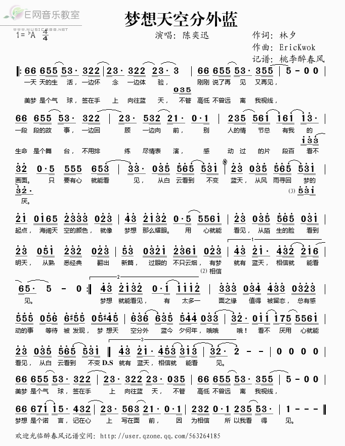 《梦想天空分外蓝——陈奕迅（简谱）》吉他谱-C大调音乐网