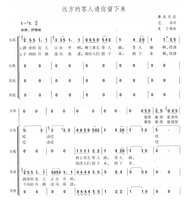 《远方的客人请你留下来—彝族民歌（合唱简谱）》吉他谱-C大调音乐网