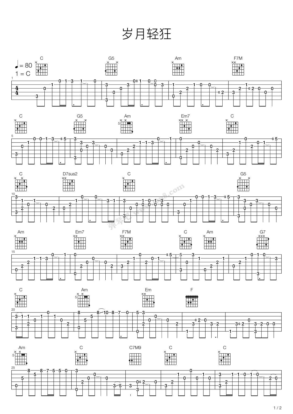 《岁月轻狂》吉他谱-C大调音乐网