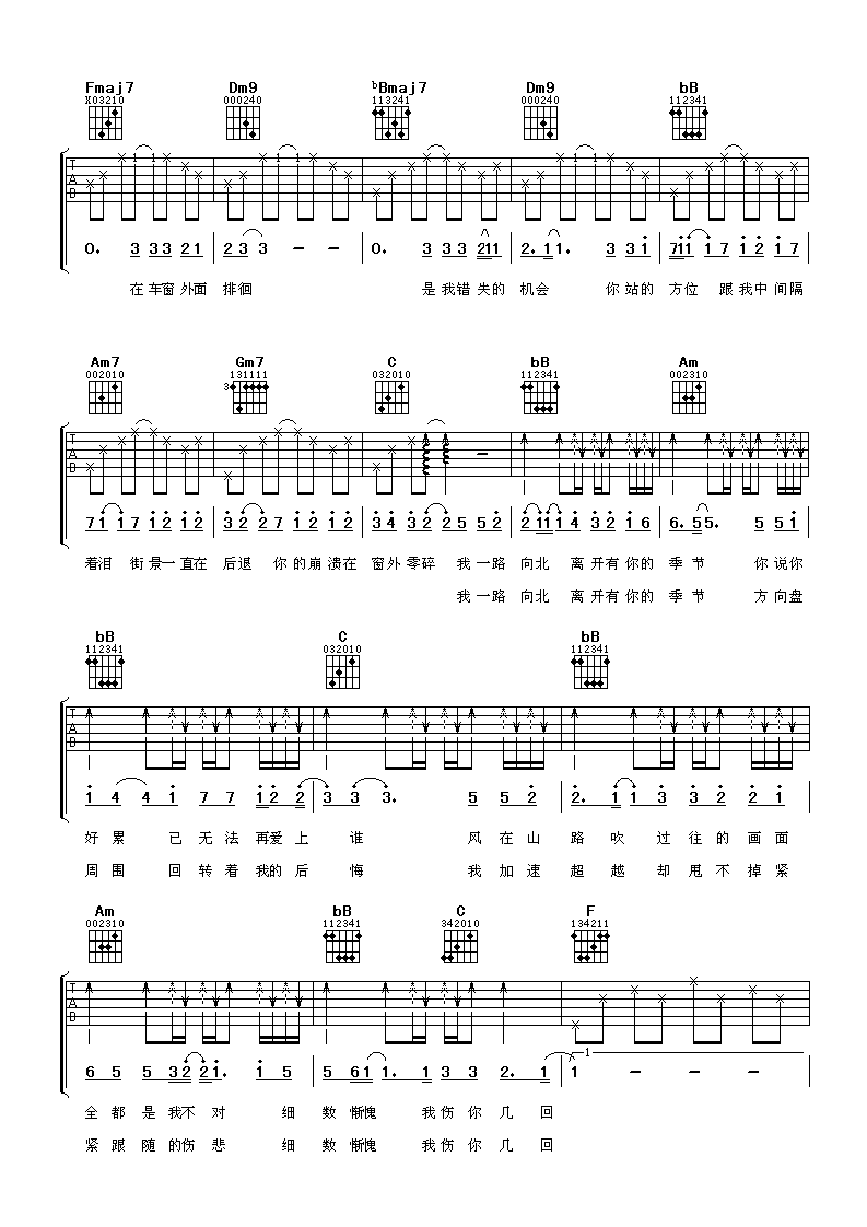 周杰伦 一路向北吉他谱-C大调音乐网