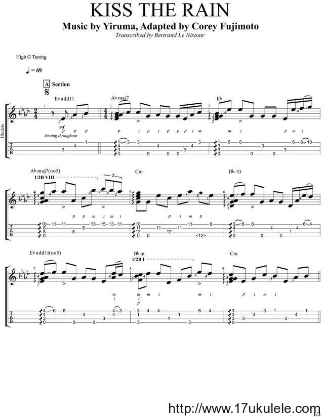 《Kiss the rain》雨的印记 ukulele指弹独奏谱子-C大调音乐网