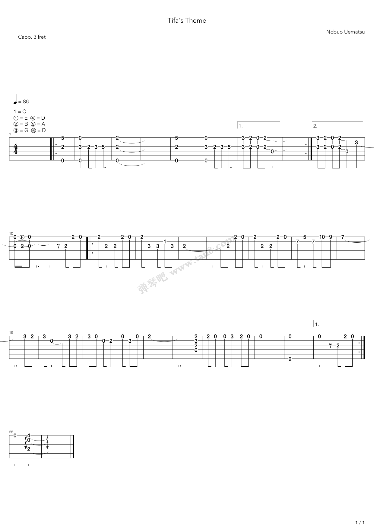 《最终幻想7 - Tiffas Theme》吉他谱-C大调音乐网