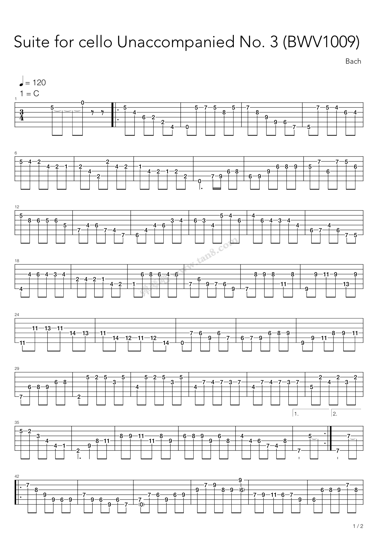 《Suite For Cello Unaccompanied No 3》吉他谱-C大调音乐网