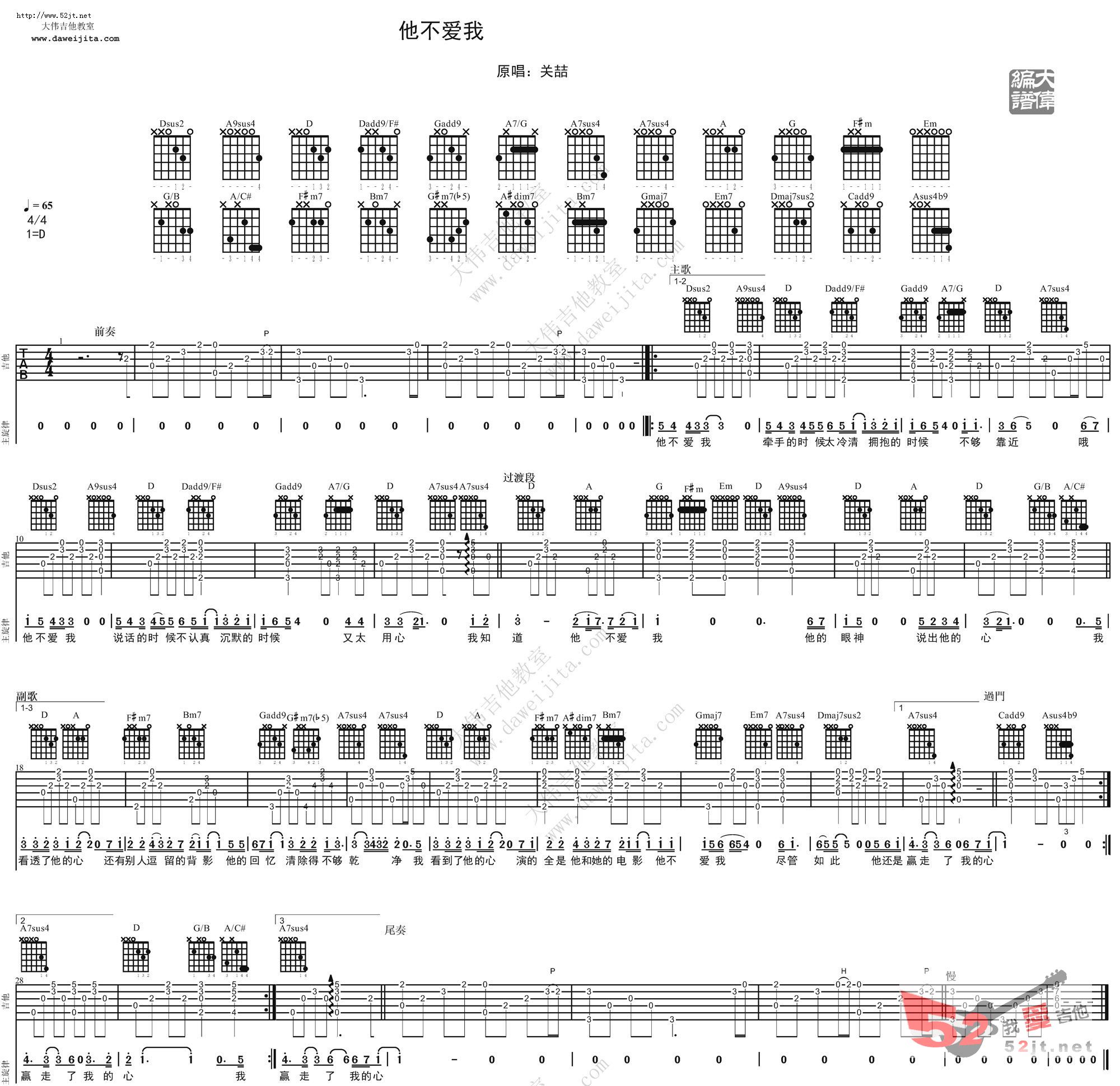 《他不爱我 关喆版吉他谱视频》吉他谱-C大调音乐网