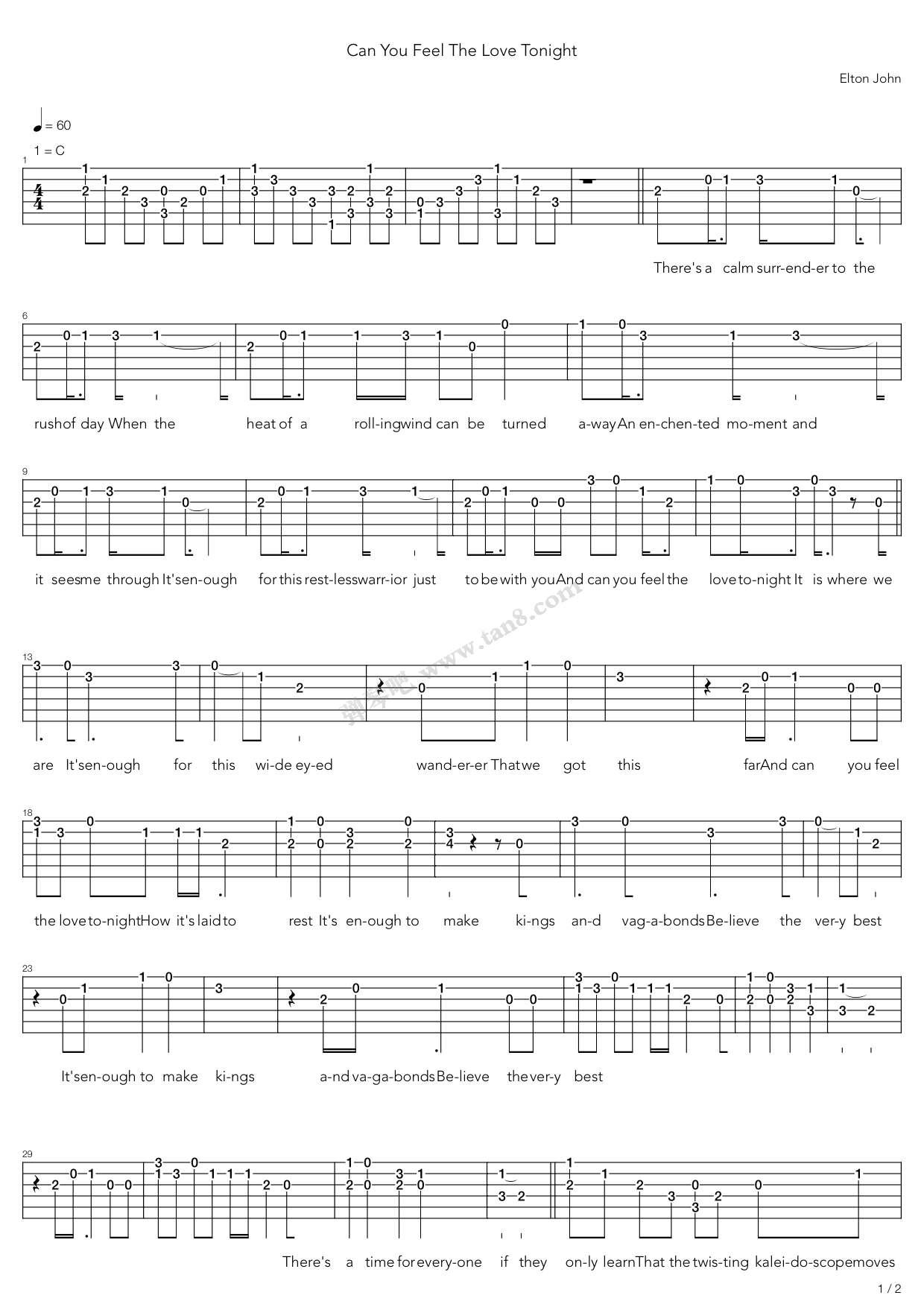 《Can You Feel The Love Tonight》吉他谱-C大调音乐网