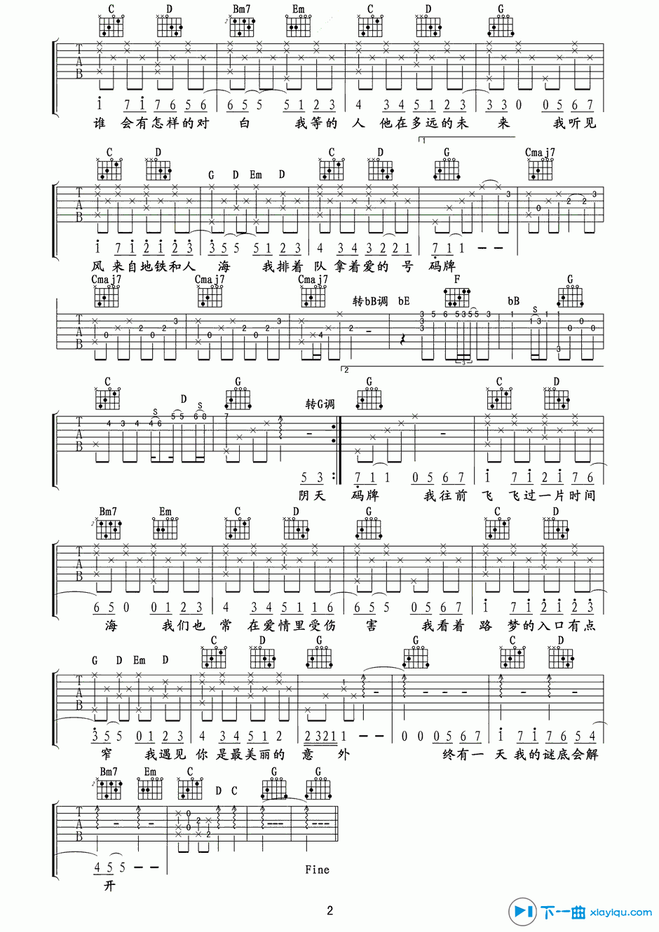 《遇见吉他谱G调_孙燕姿遇见吉他六线谱》吉他谱-C大调音乐网