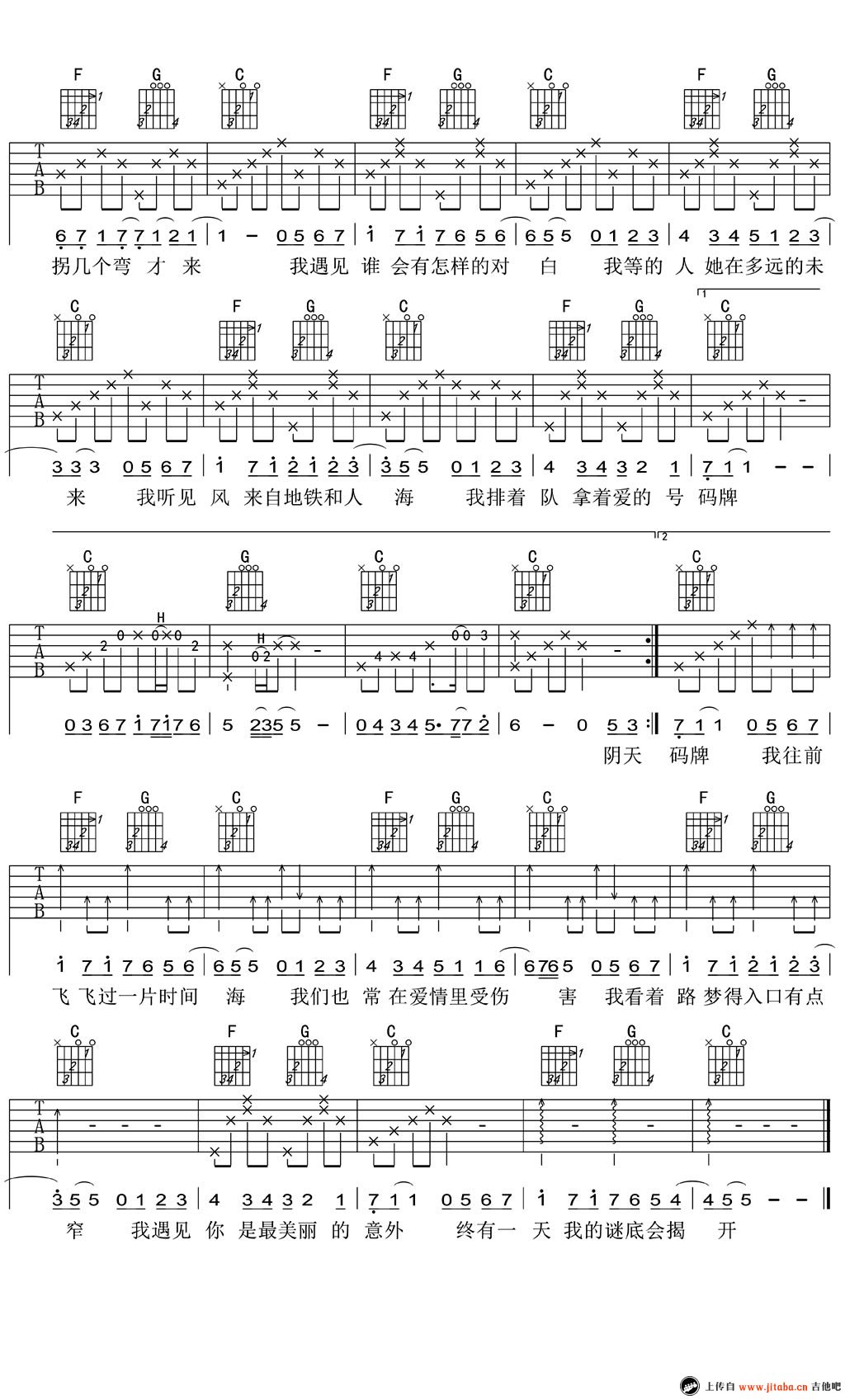 《遇见吉他谱男生版_孙燕姿《遇见》C调六线弹唱图》吉他谱-C大调音乐网