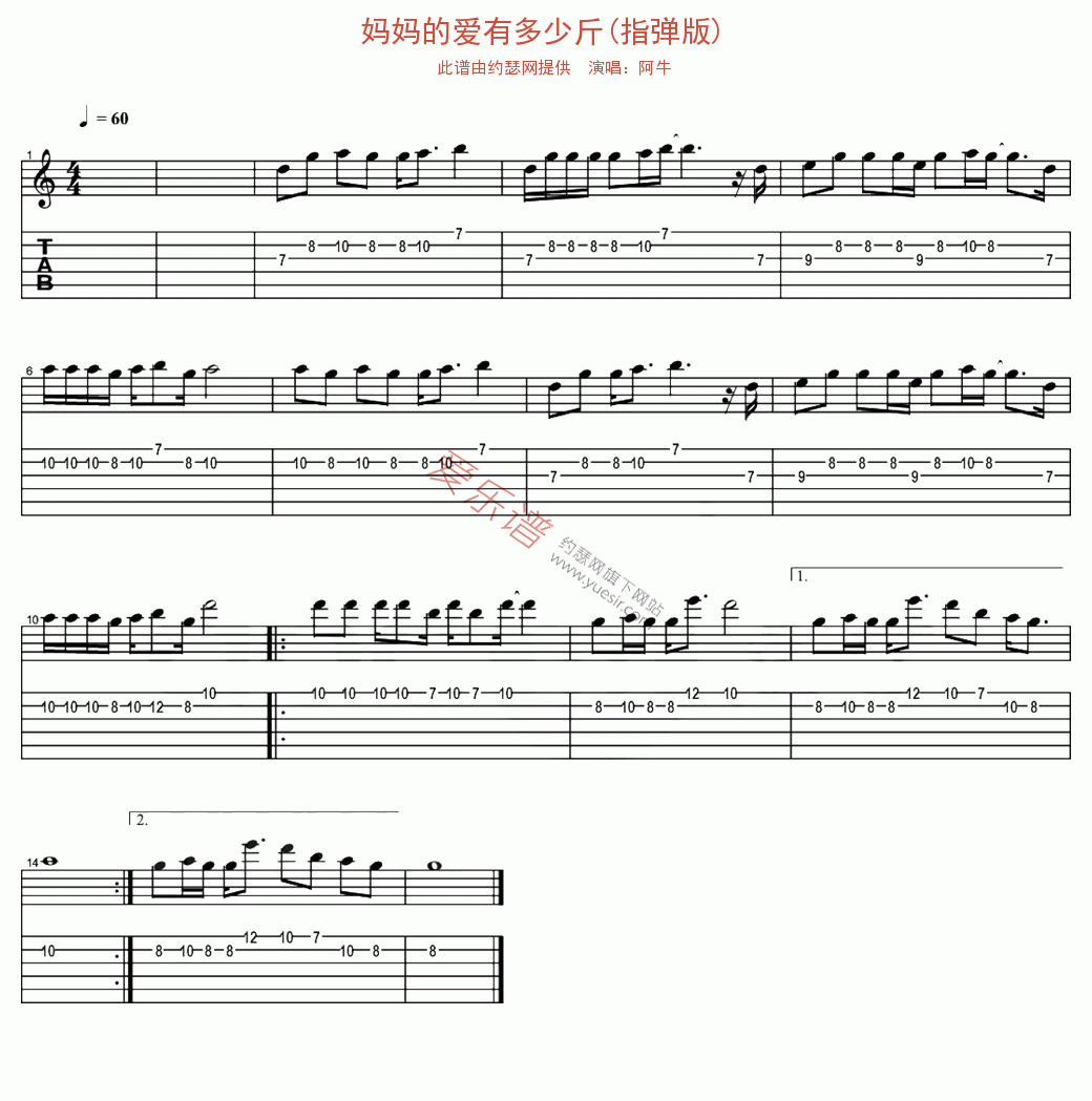 《阿牛《妈妈的爱有多少斤(指弹版)》》吉他谱-C大调音乐网