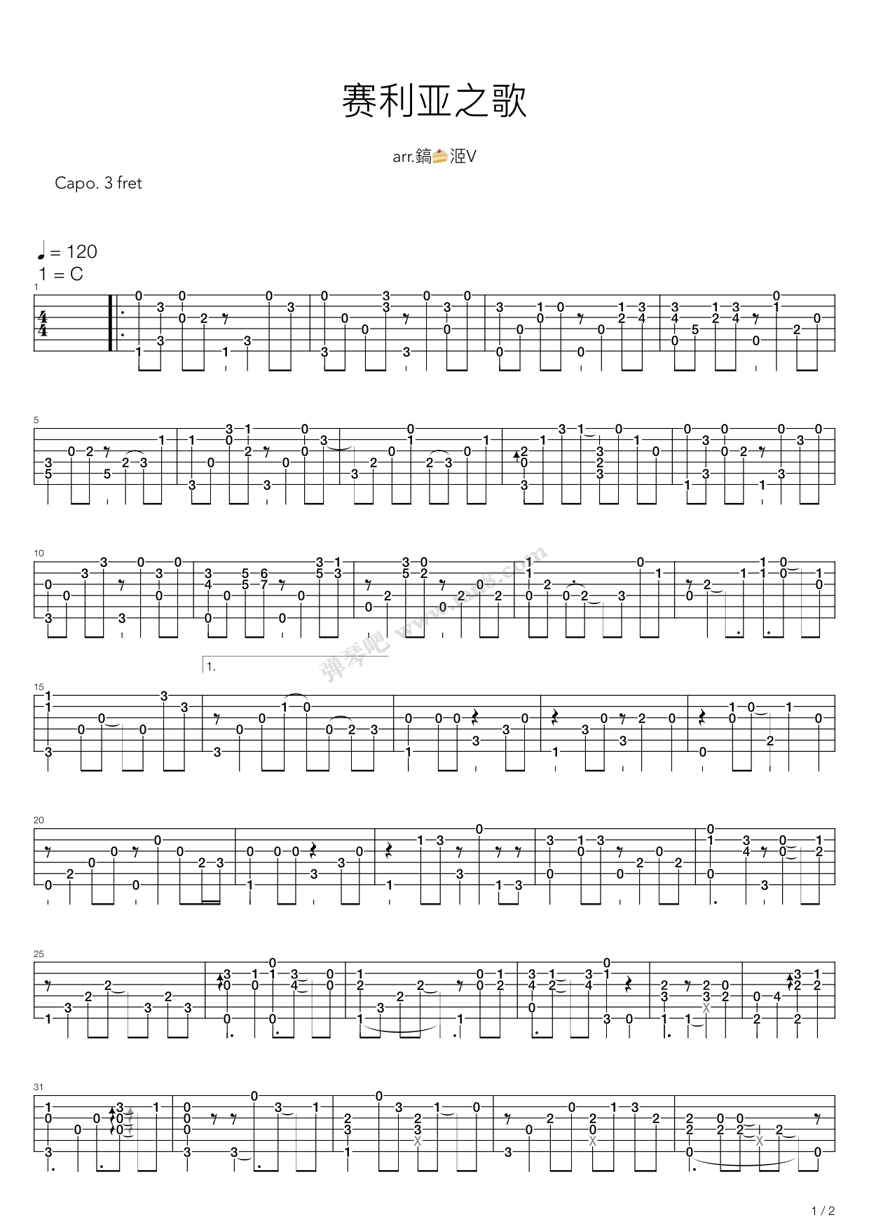 《赛丽亚之歌》吉他谱-C大调音乐网