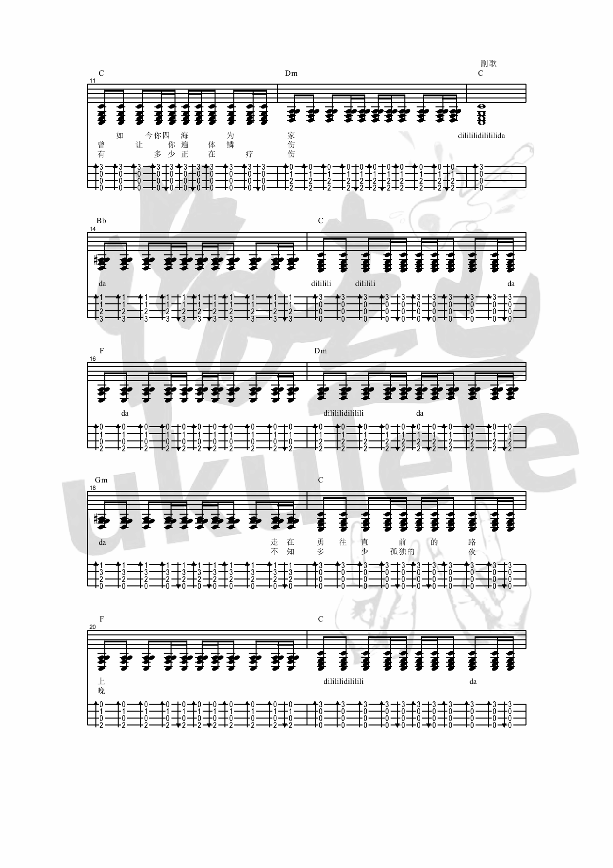 《曾经的你》- 许巍 ukulele谱 弹唱-C大调音乐网