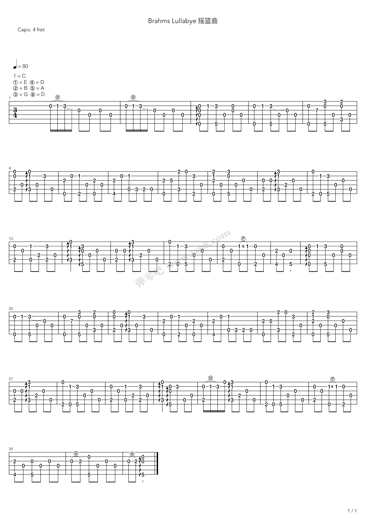 《Brahms Lullabye(摇篮曲)》吉他谱-C大调音乐网