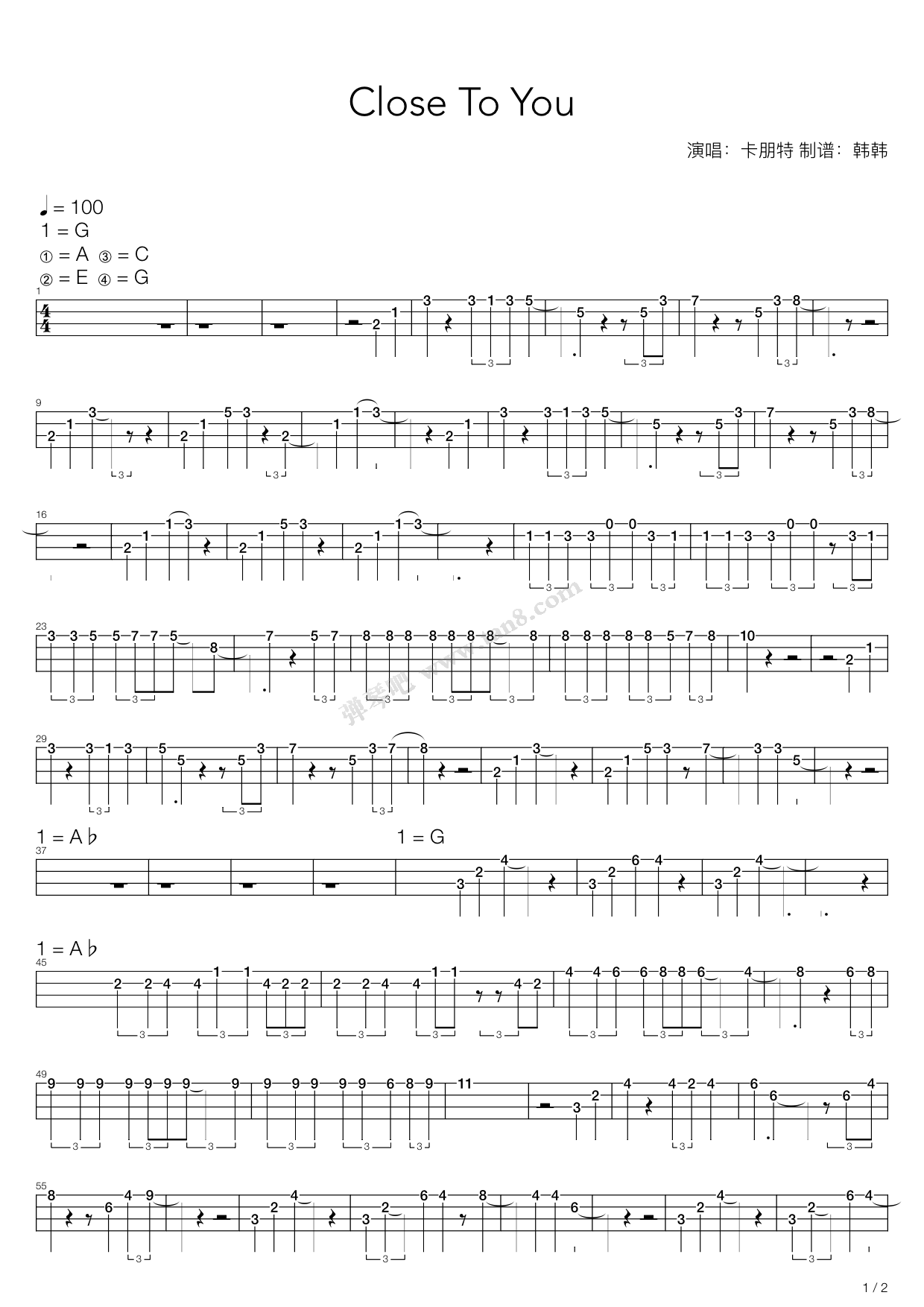 《Close To You（尤克里里单音谱）》吉他谱-C大调音乐网