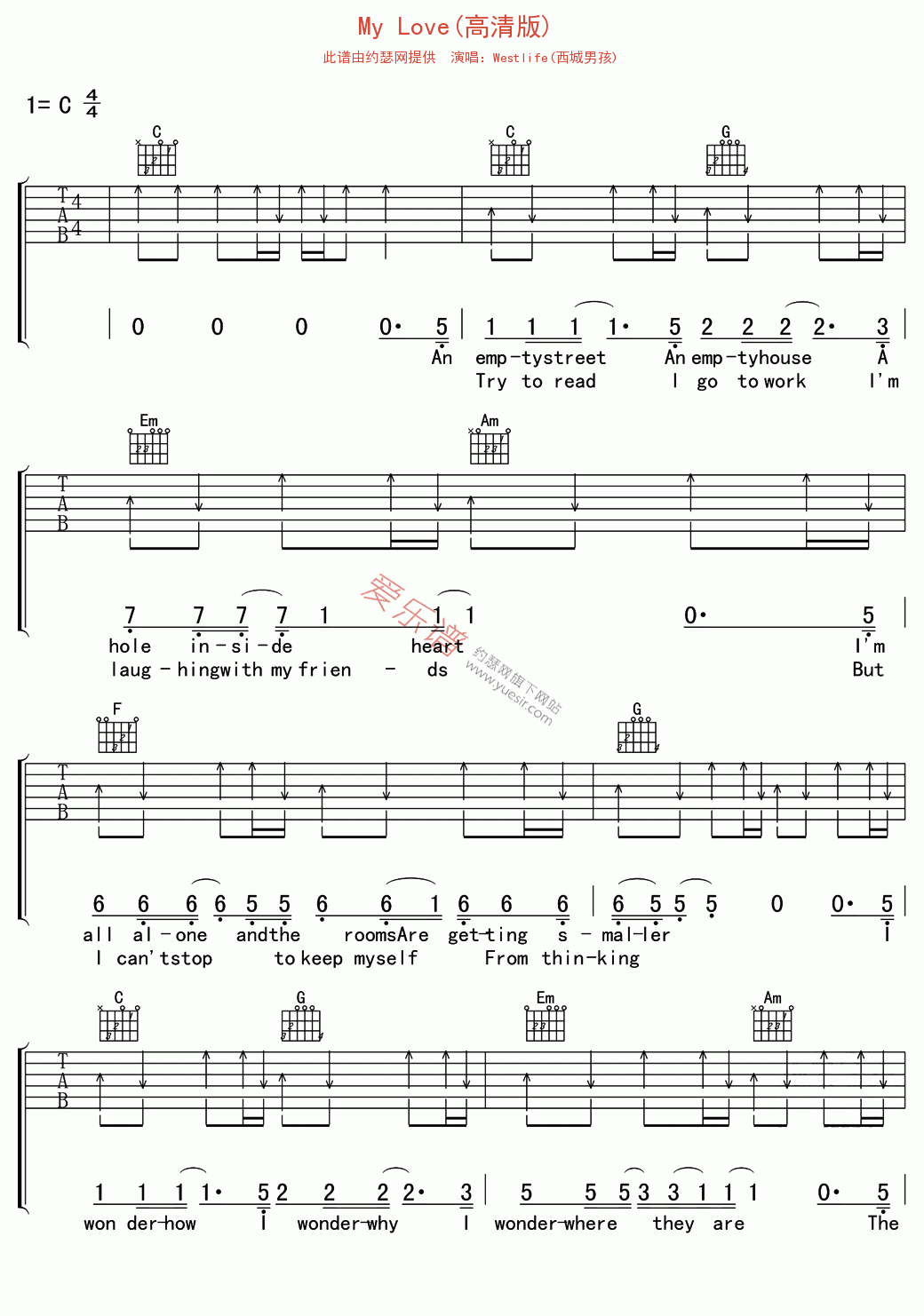《Westlife(西城男孩)《My Love(高清版)》》吉他谱-C大调音乐网