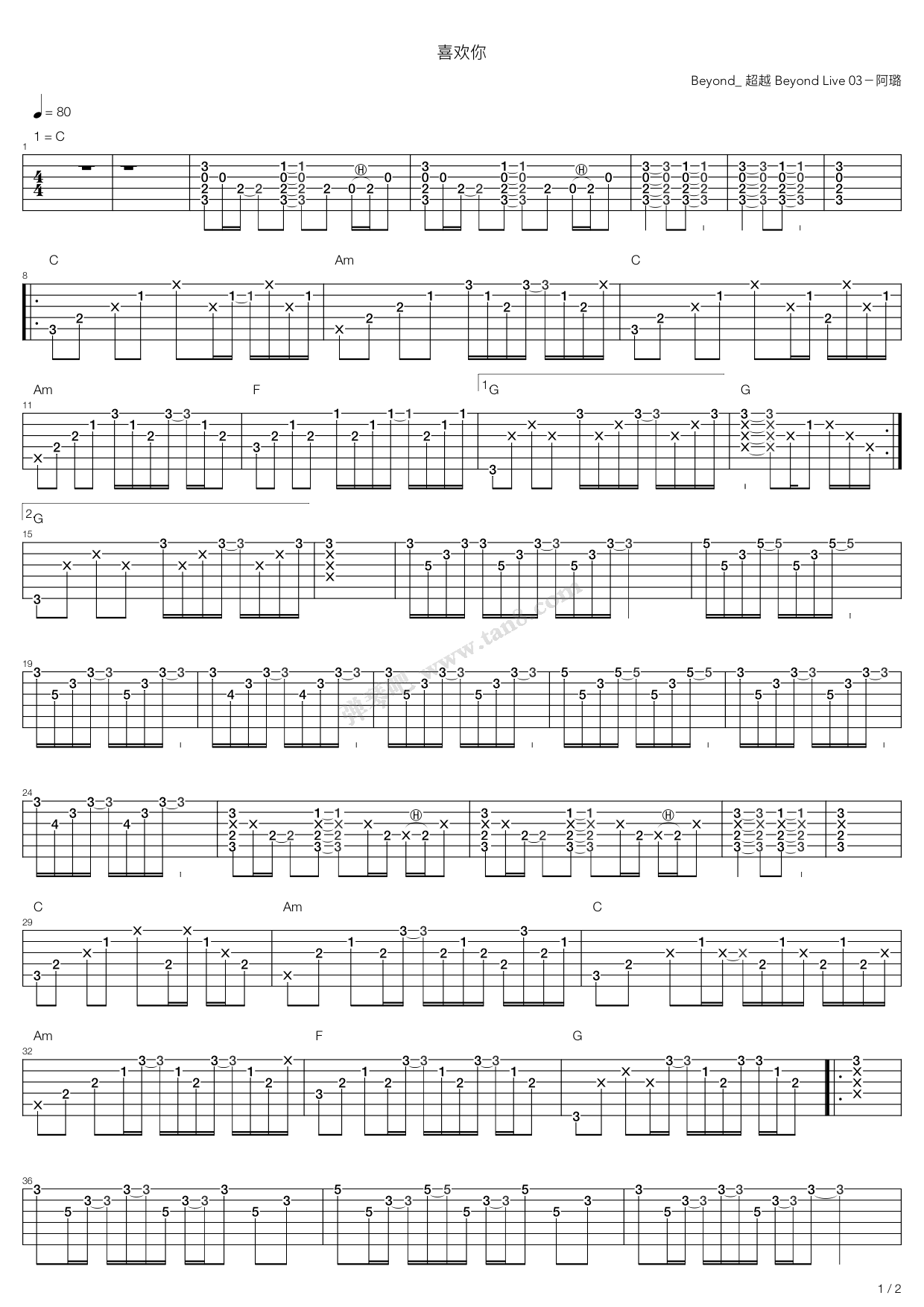 《Beyond_Live03《喜欢你》》吉他谱-C大调音乐网