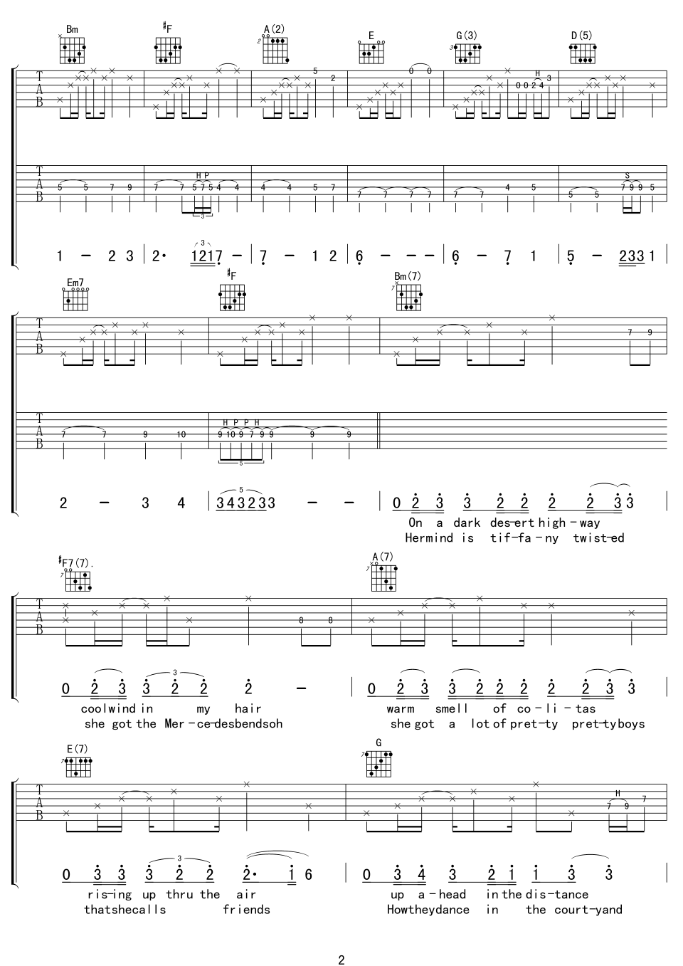 《Eagles Hotel California》吉他谱-C大调音乐网