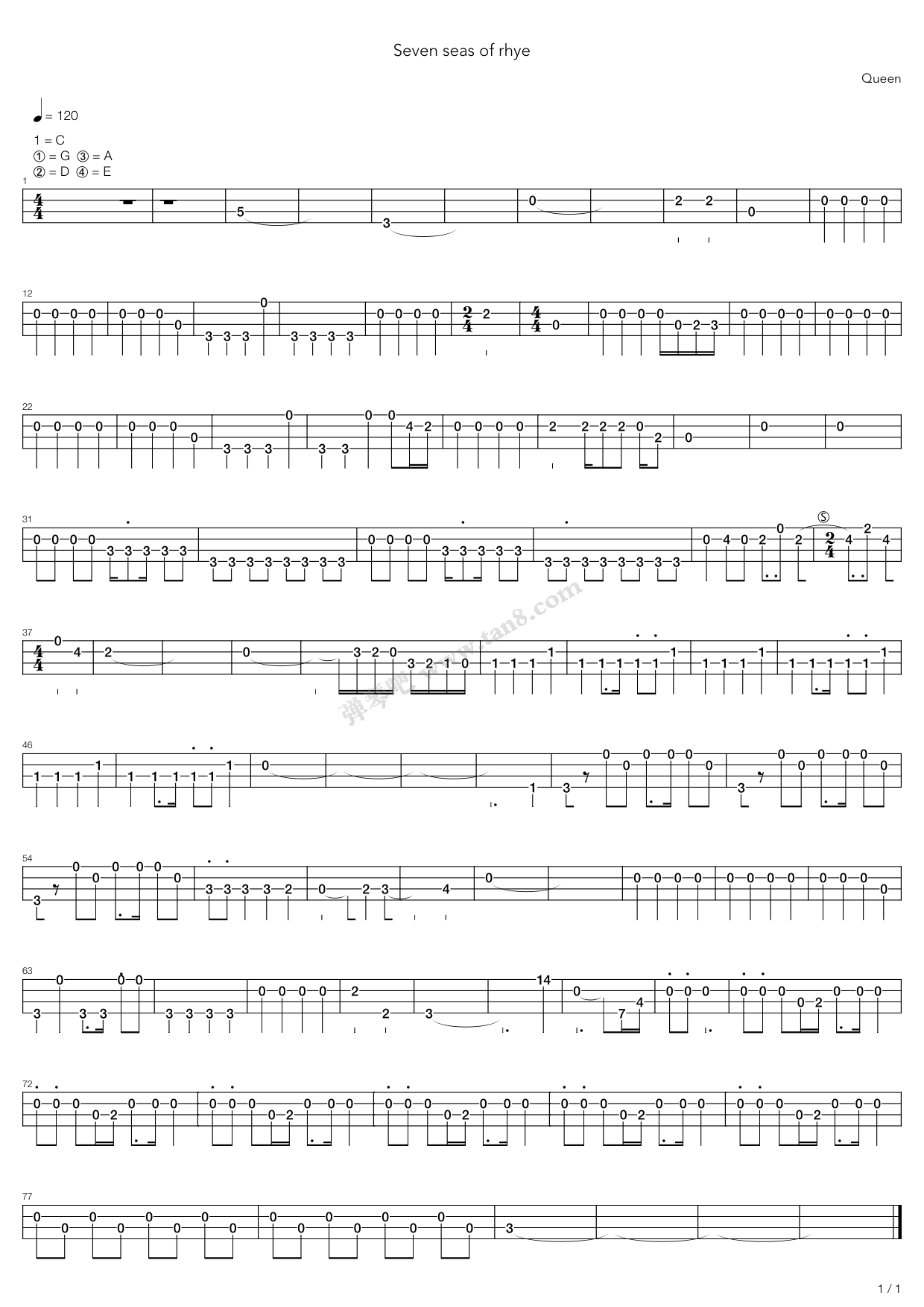 《Seven Seas Of Rhye》吉他谱-C大调音乐网