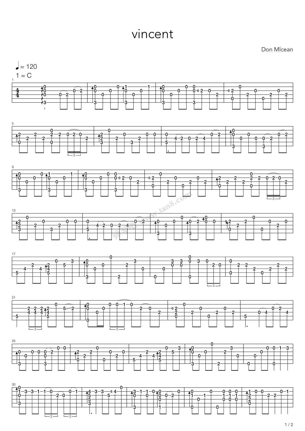 《Vincent》吉他谱-C大调音乐网