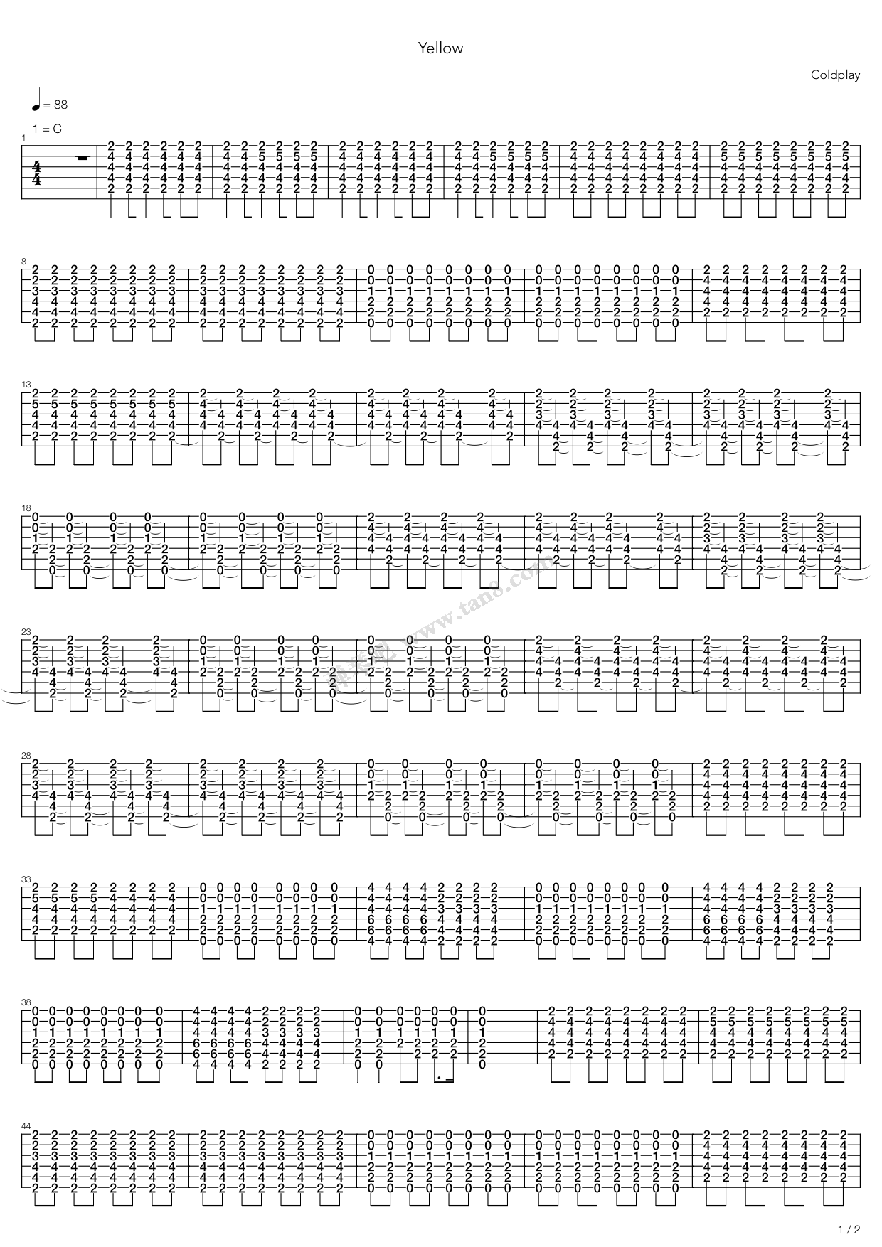 《Yellow》吉他谱-C大调音乐网