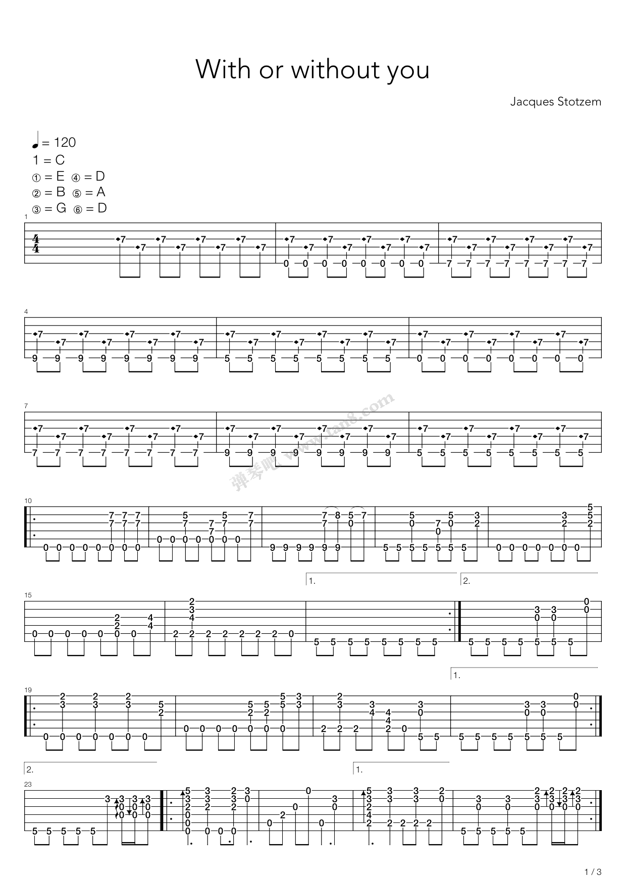 《With Or Without You》吉他谱-C大调音乐网