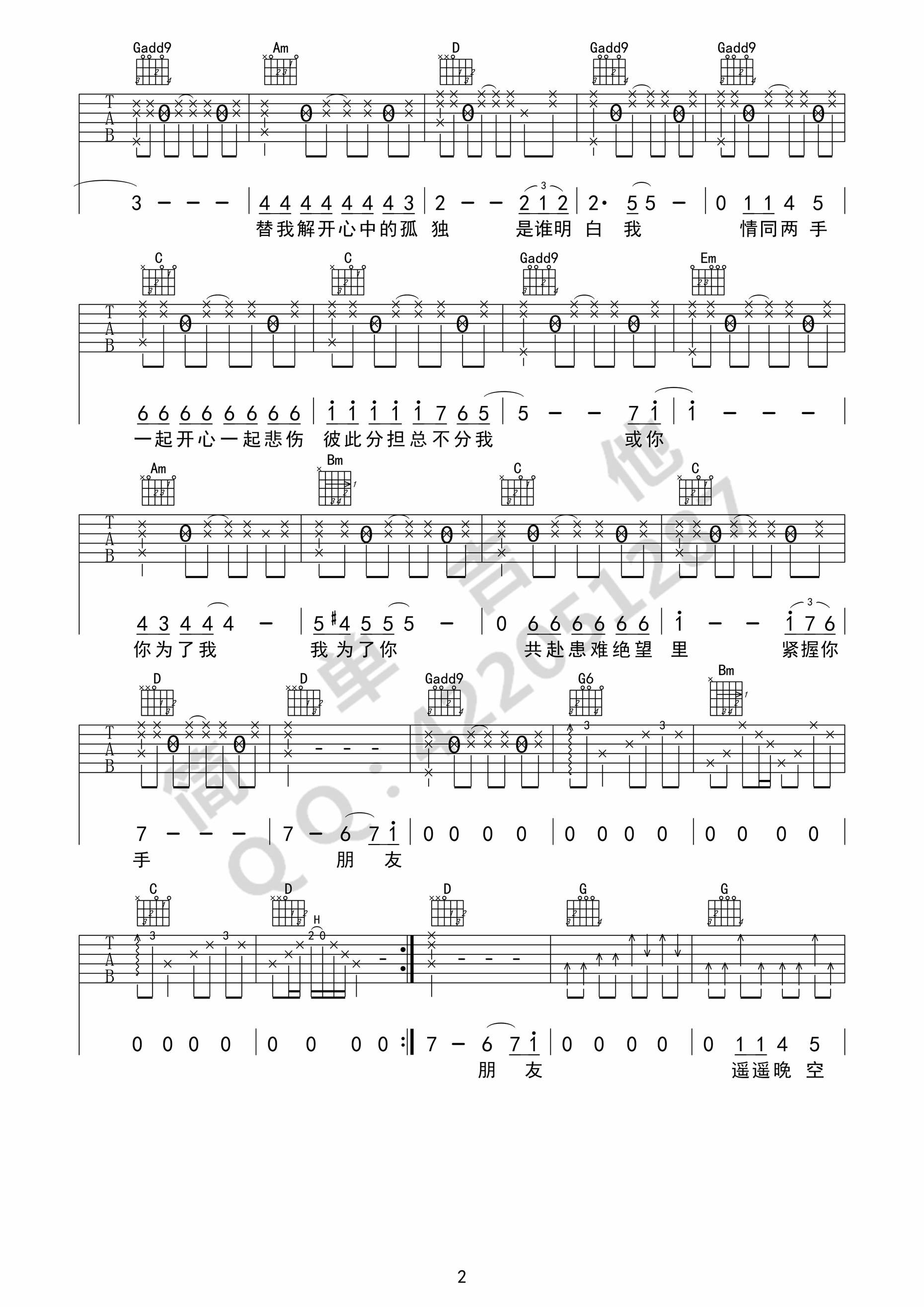 朋友吉他谱 谭咏麟（D调完美弹唱谱）-C大调音乐网