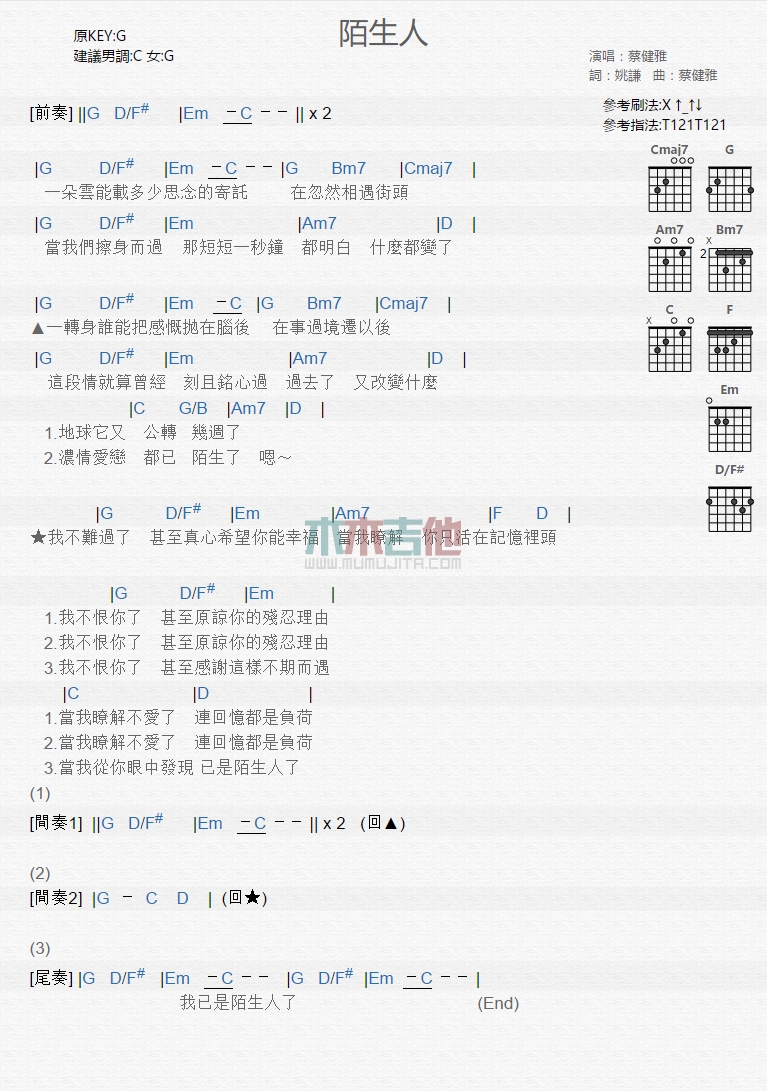 《陌生人》吉他谱-C大调音乐网