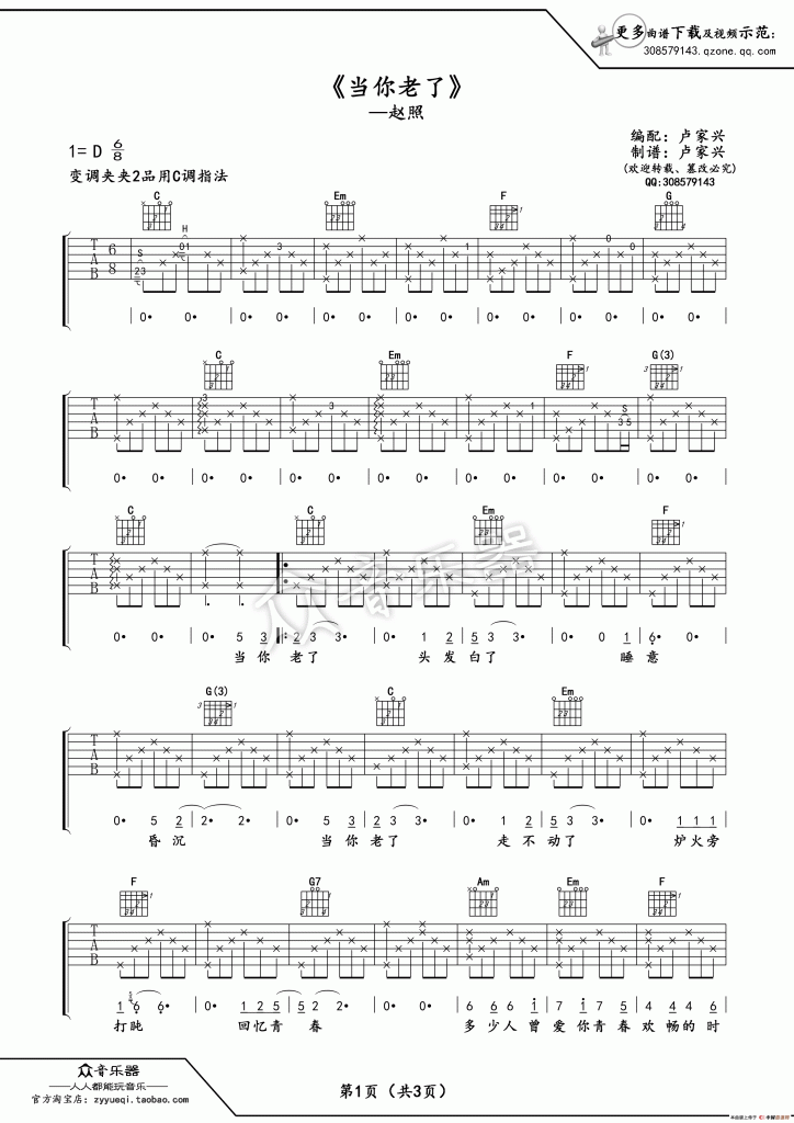 《赵照《当你老了》》吉他谱-C大调音乐网