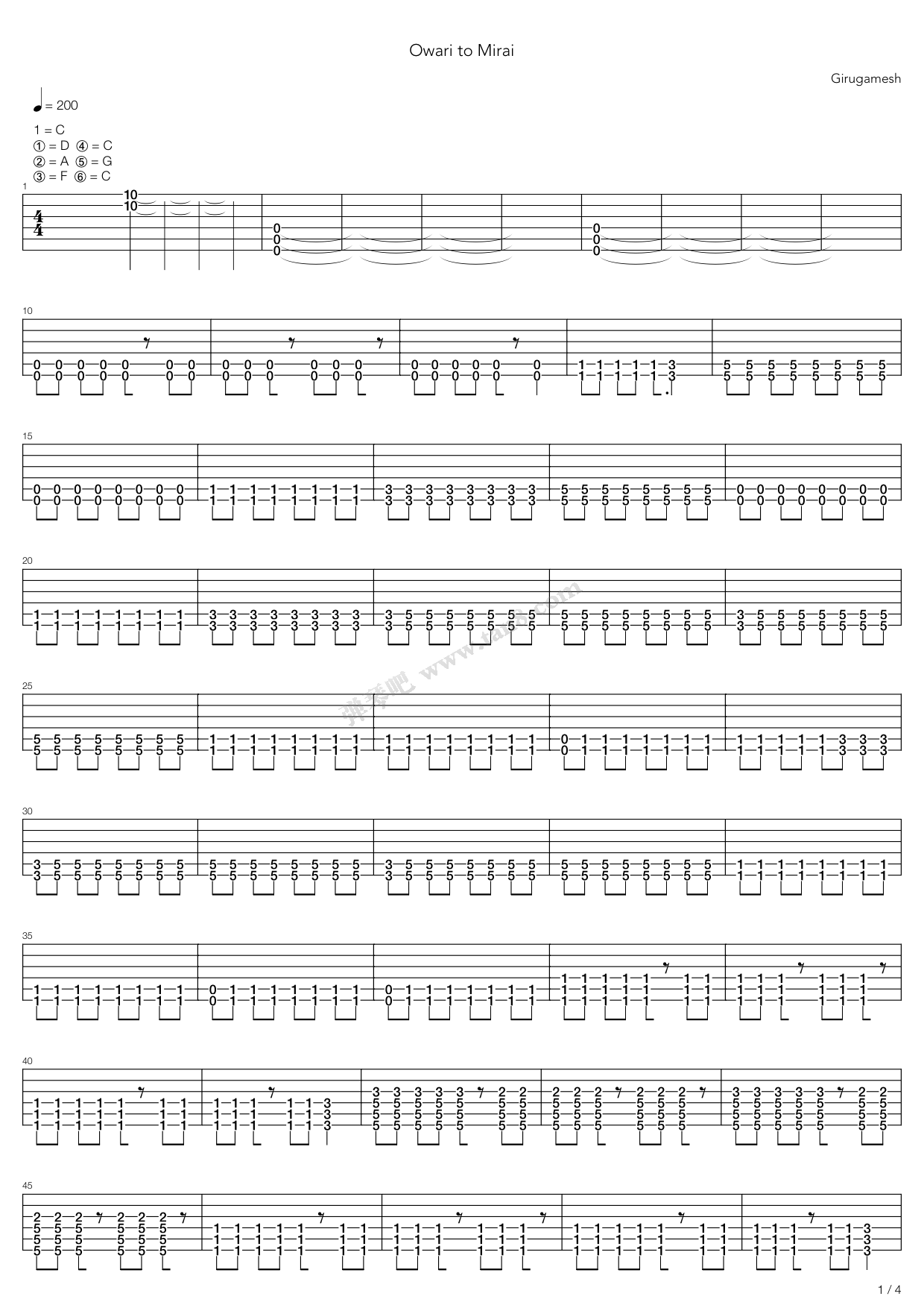 《Owari To Mirai》吉他谱-C大调音乐网