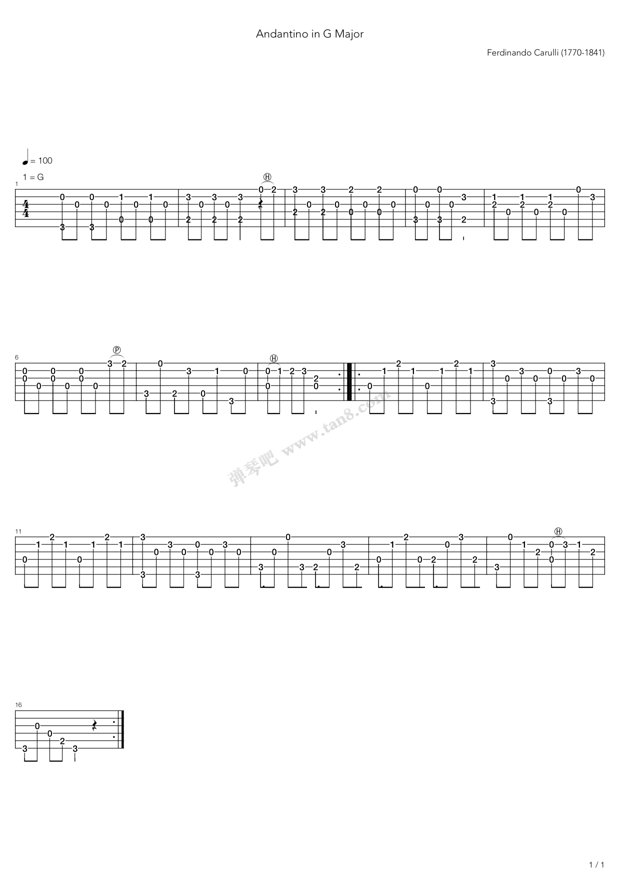 《Andantino In G Major》吉他谱-C大调音乐网