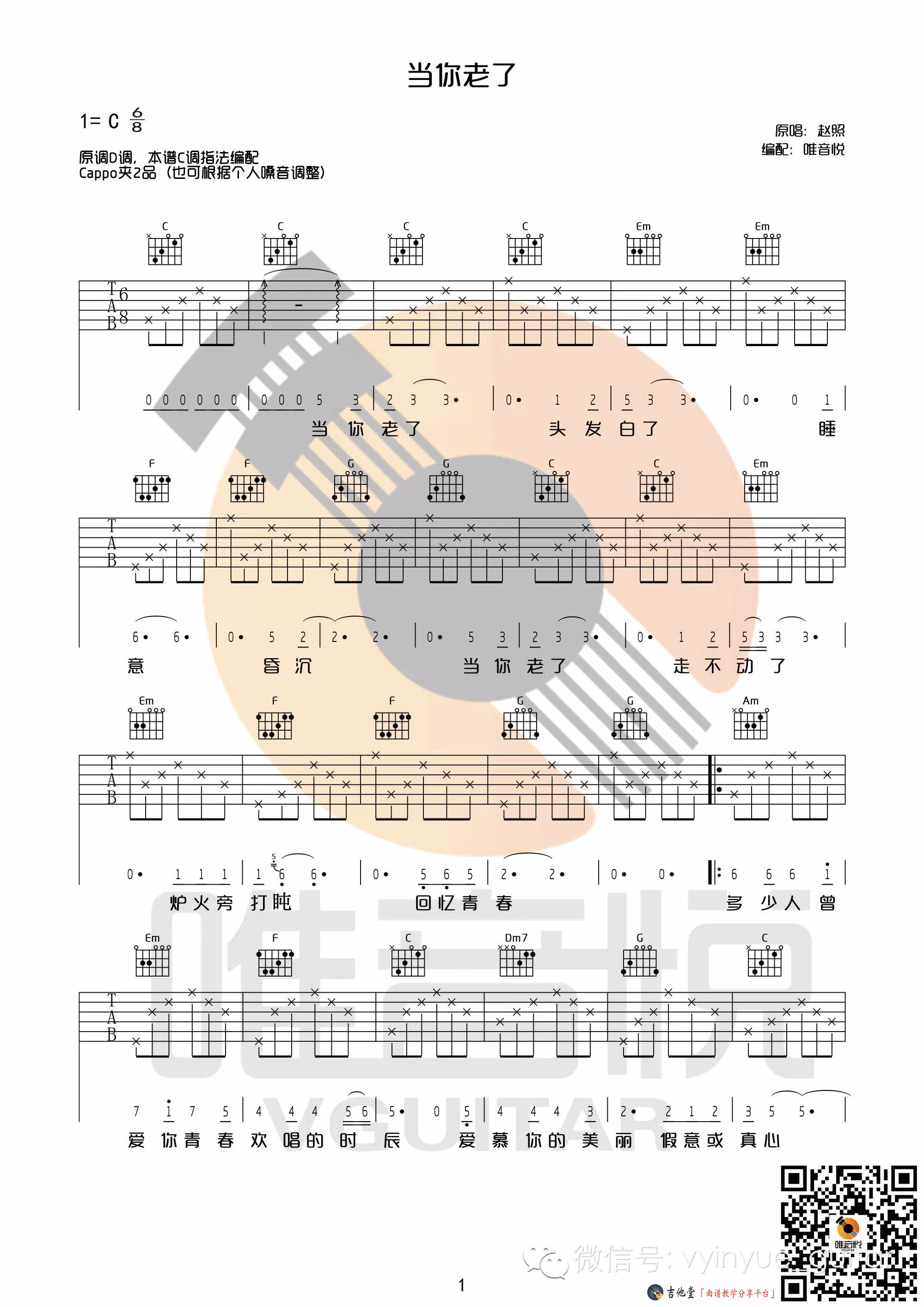 《当你老了吉他谱_赵照_当你老了C调六线谱附弹唱演示》吉他谱-C大调音乐网