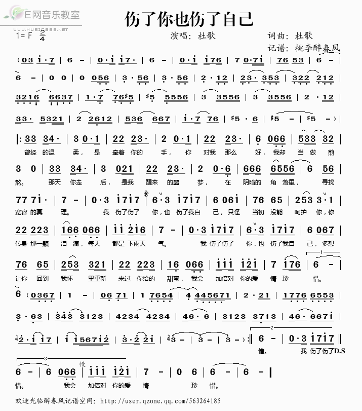 《伤了你也伤了自己——杜歌（简谱）》吉他谱-C大调音乐网