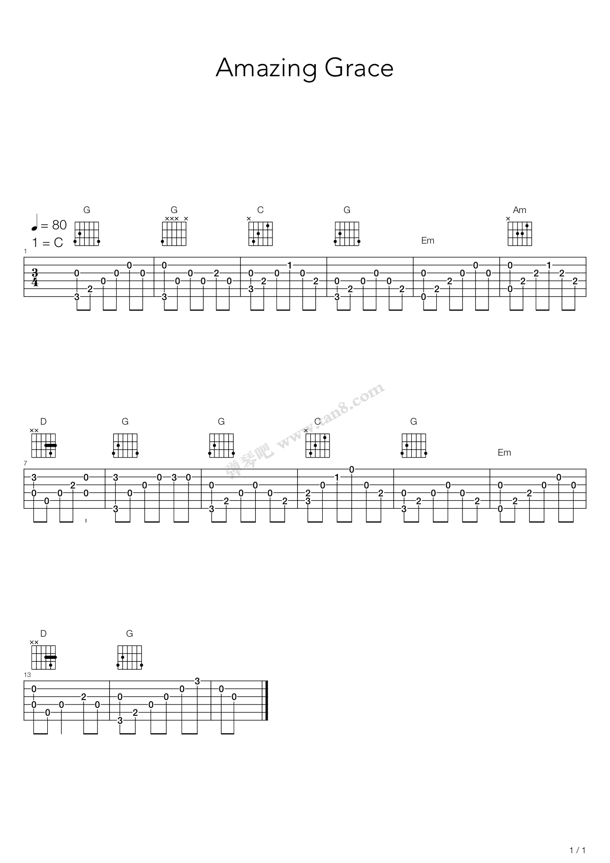 《Amazing Grace(奇异恩典)》吉他谱-C大调音乐网