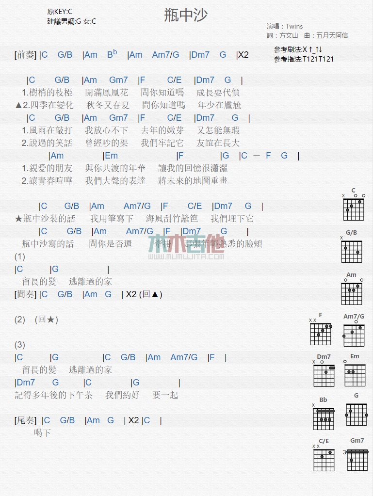 《瓶中沙》吉他谱-C大调音乐网