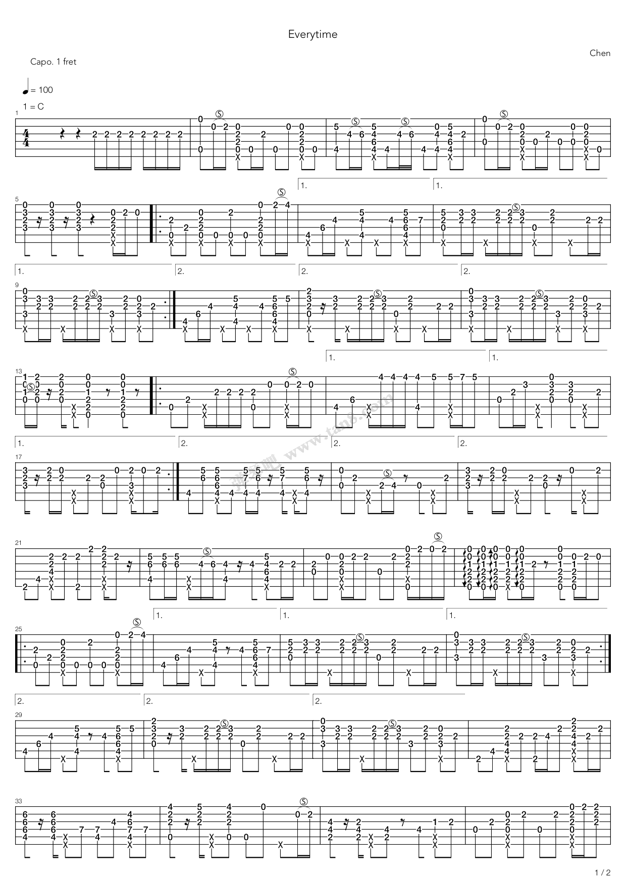 《Everytime (太阳的后裔) 指弹》吉他谱-C大调音乐网