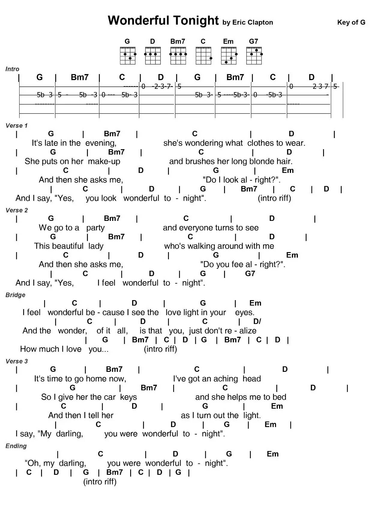 wonderful tonight - Eric Clapton 弹唱谱-C大调音乐网