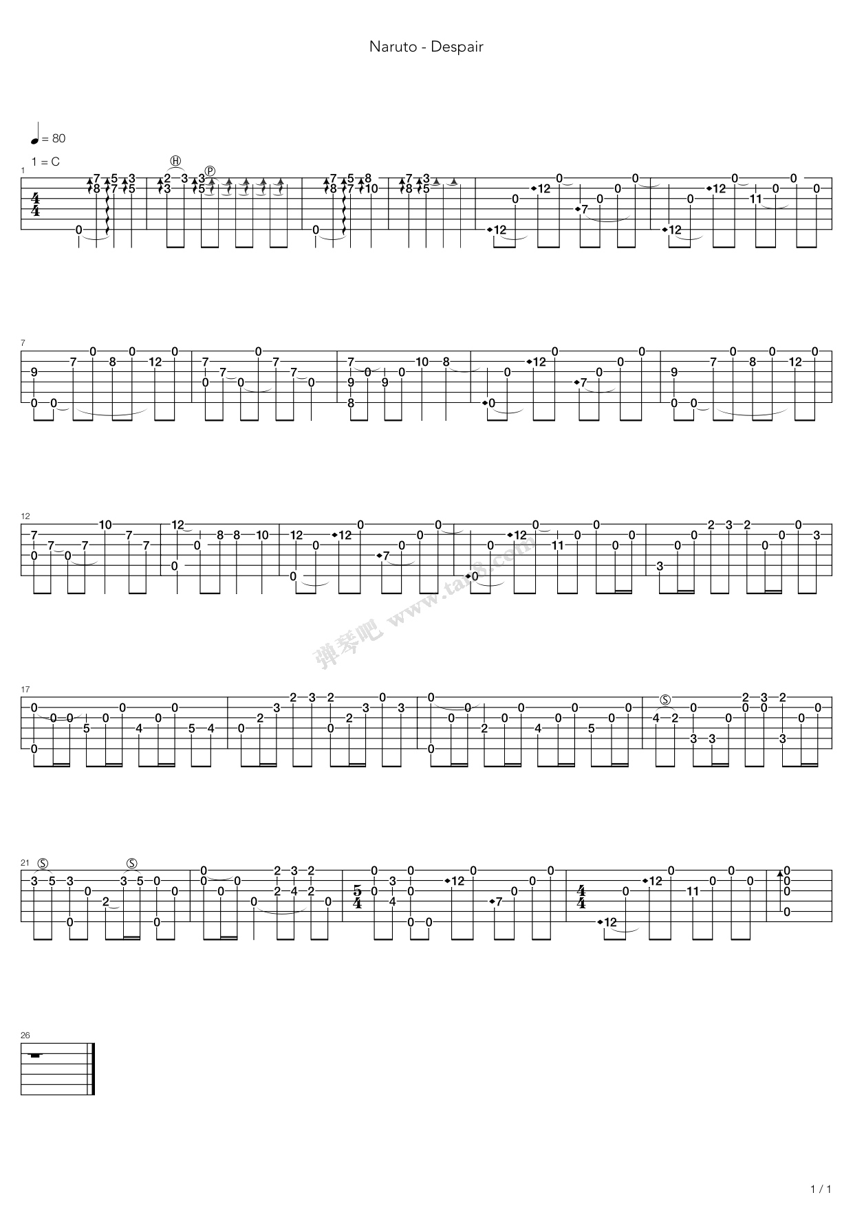 《火影忍者 - Despair》吉他谱-C大调音乐网