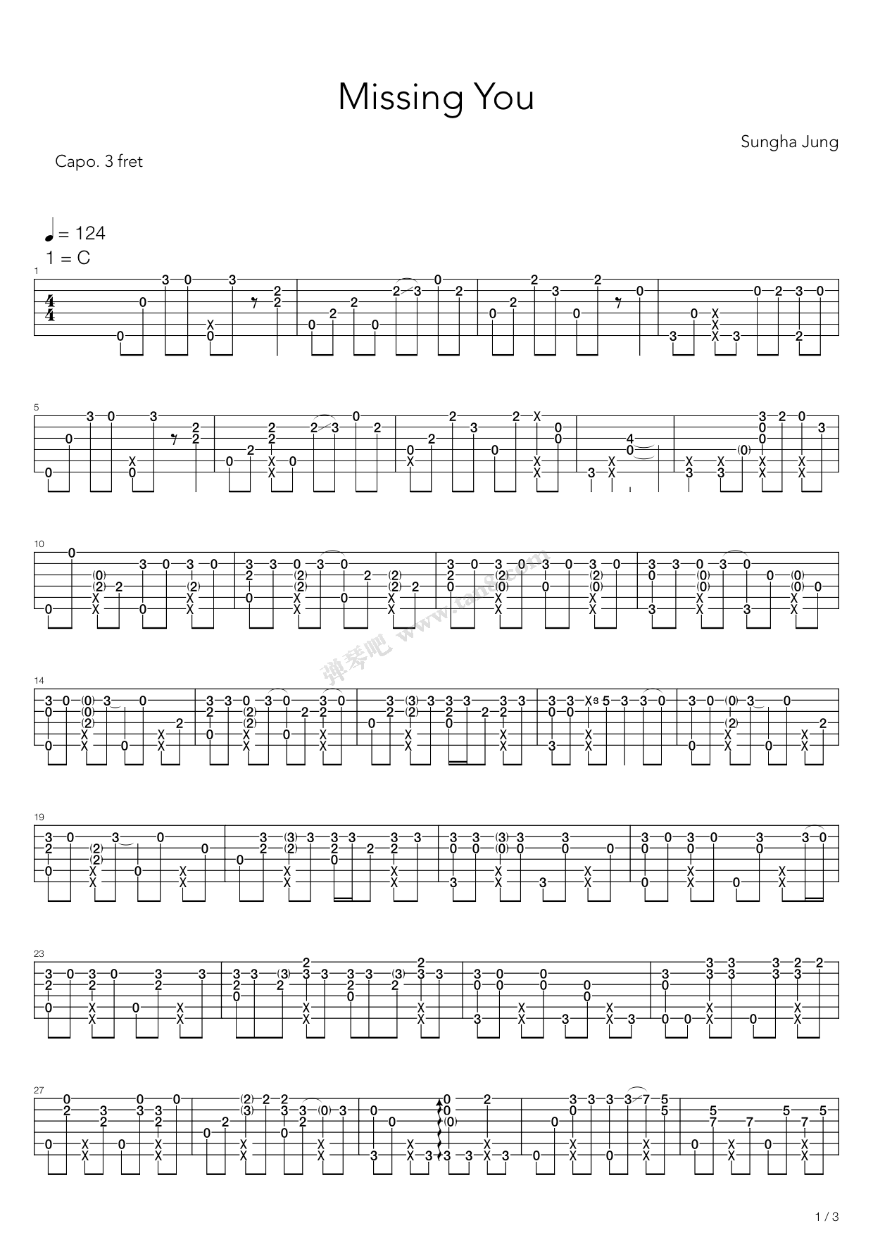 《Missing You（指弹版，郑成河）》吉他谱-C大调音乐网
