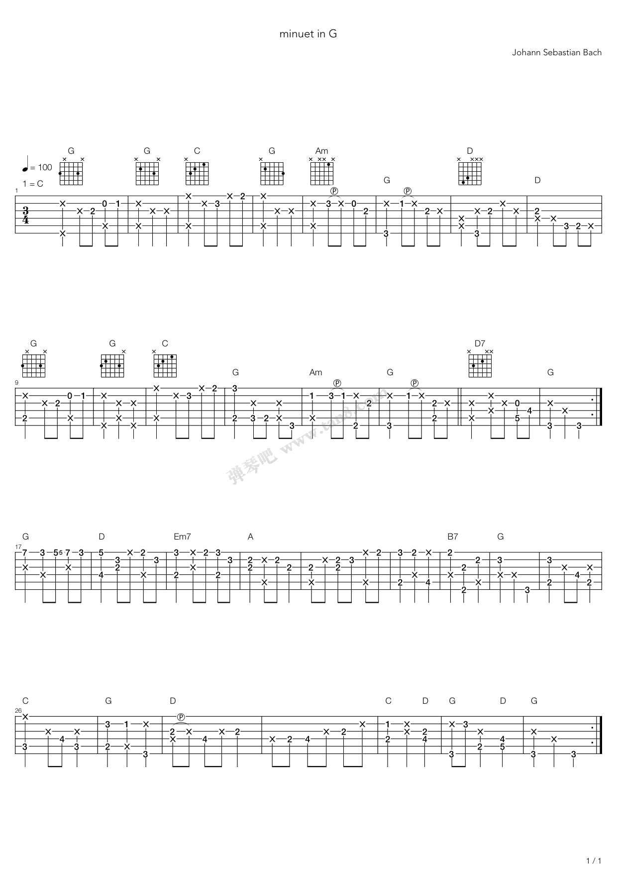 《Minuet In G》吉他谱-C大调音乐网