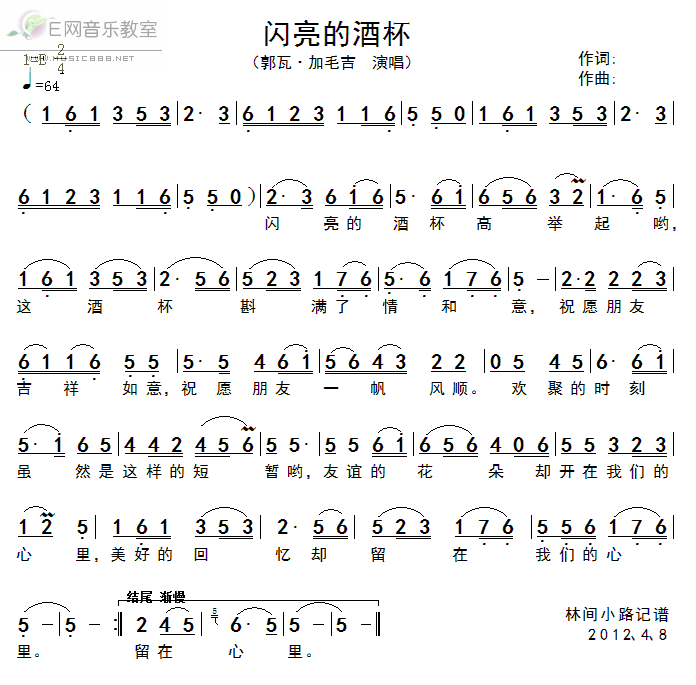 《闪亮的酒杯-郭瓦•加毛吉(简谱)》吉他谱-C大调音乐网