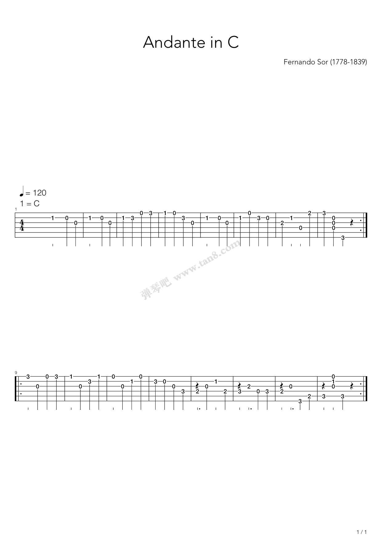 《Andante In C》吉他谱-C大调音乐网