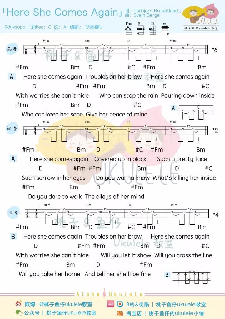 薛之谦《渡》尤克里里弹唱谱（原曲Here She Comes Again）-C大调音乐网